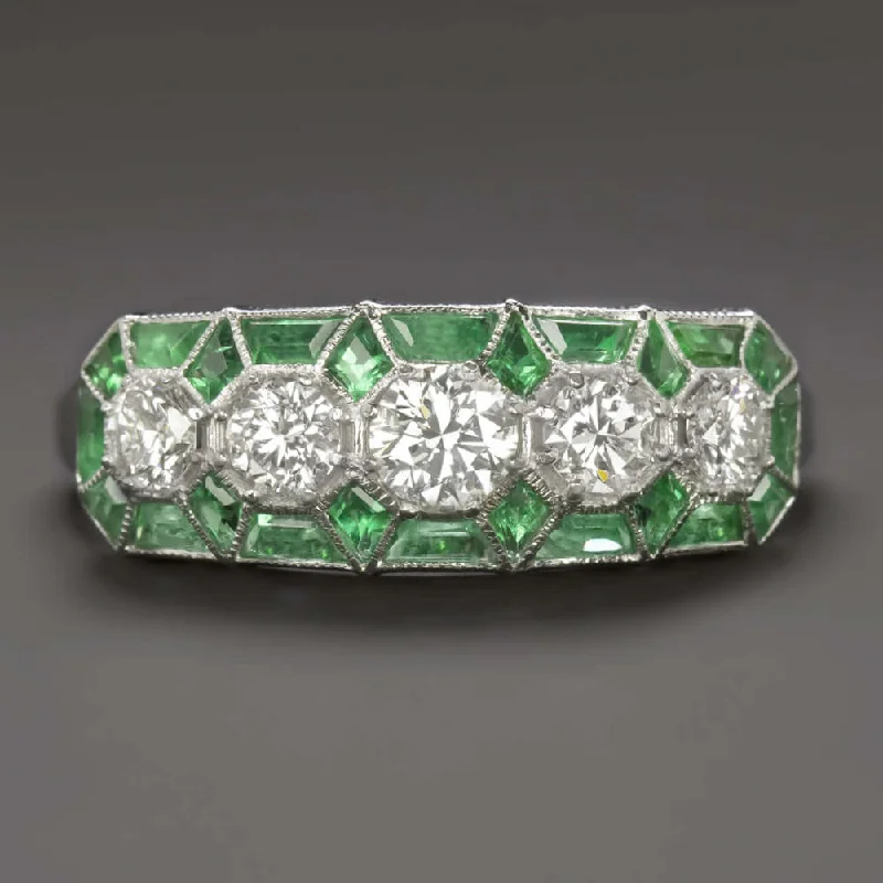 gemstone promise rings for women -1.5ct DIAMOND EMERALD VINTAGE STYLE RING ART DECO GEOMETRIC COCKTAIL WHITE GOLD