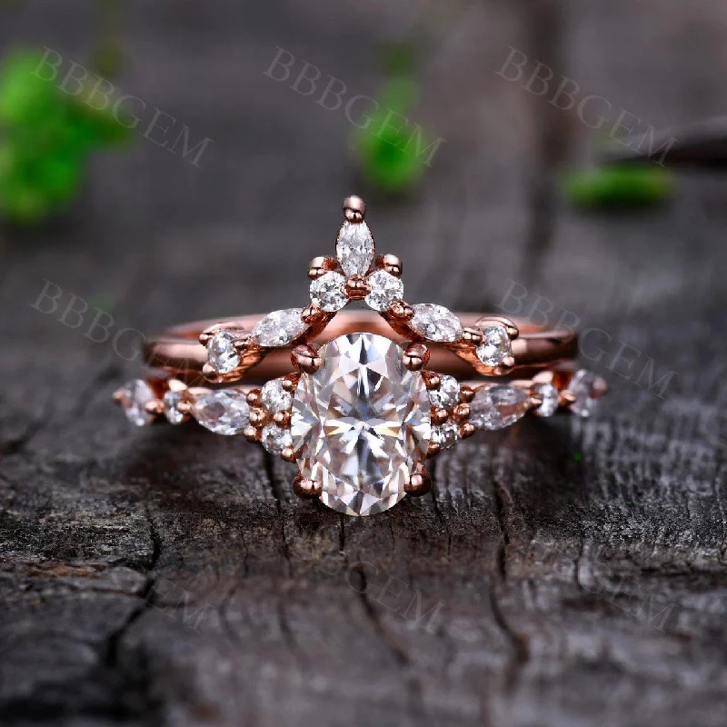 women’s engraved rings -1.5CT Vintage Moissanite Bridal Set in Rose Gold Marquise Shaped Moissanite Wedding Band