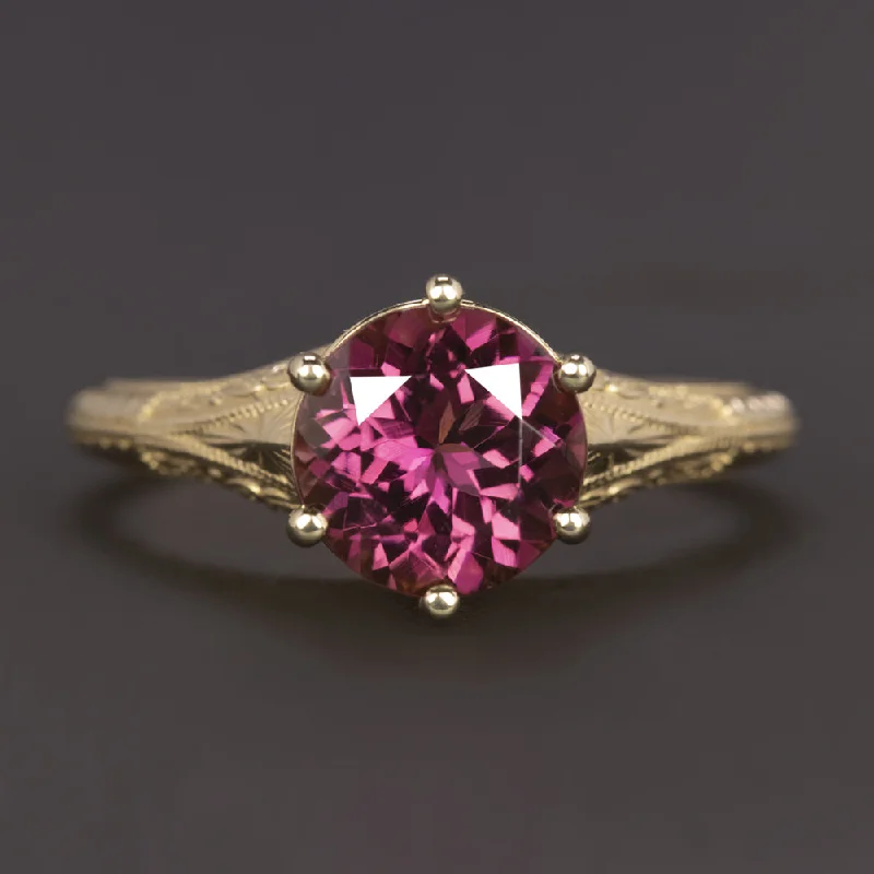 silver rings for women -PINK TOURMALINE SOLITAIRE RING VINTAGE STYLE 14k YELLOW GOLD ENGRAVED COCKTAIL