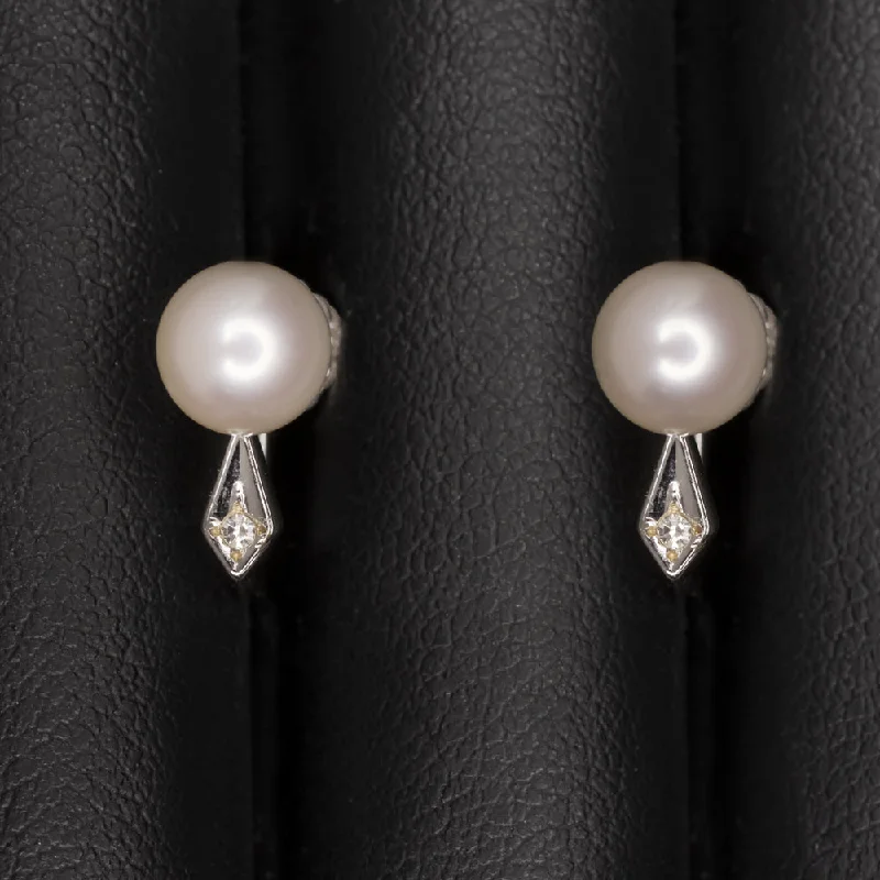 vintage rings for women -VINTAGE PEARL DIAMOND 14k WHITE GOLD EARRINGS RETRO ESTATE STUD GIFT CLASSIC