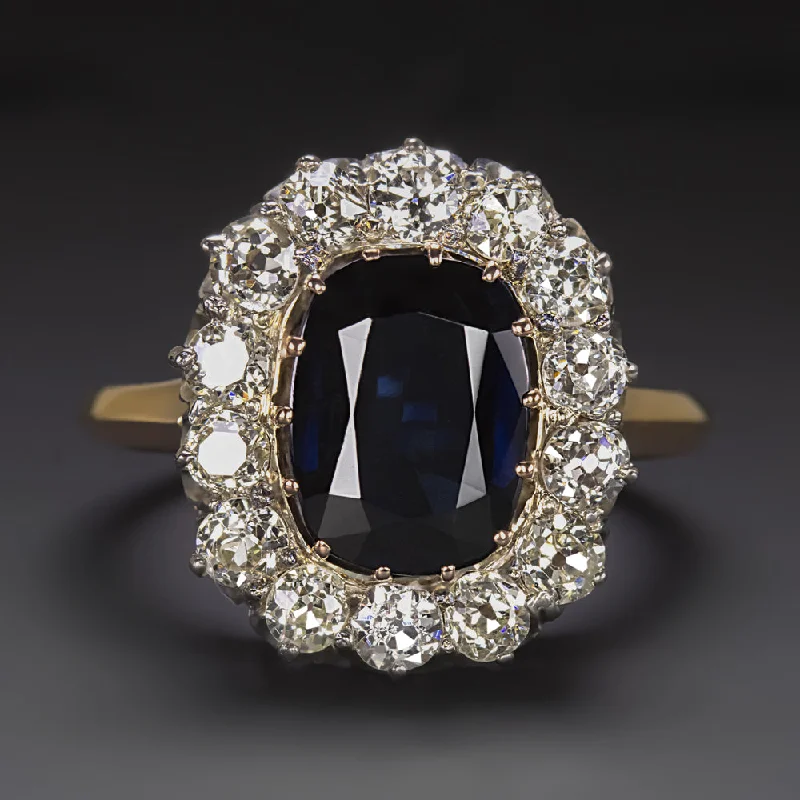 women’s silver promise rings -ANTIQUE 3ct SAPPHIRE DIAMOND COCKTAIL RING YELLOW GOLD HALO VICTORIAN OLD CUT