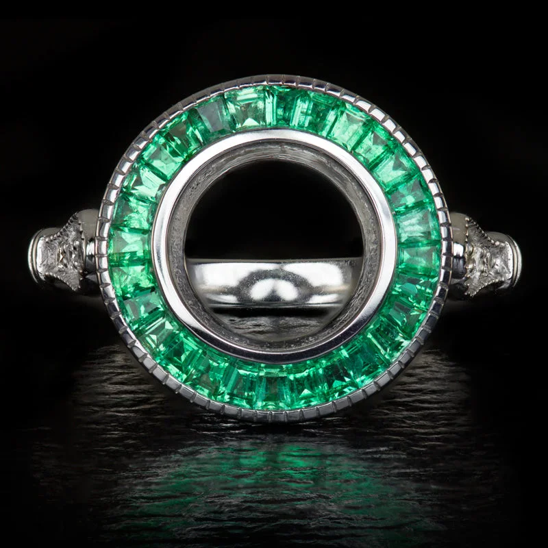 women’s crystal rings -VINTAGE STYLE EMERALD DIAMOND BEZEL HALO SETTING ART DECO SEMI-MOUNT RING 14K WG