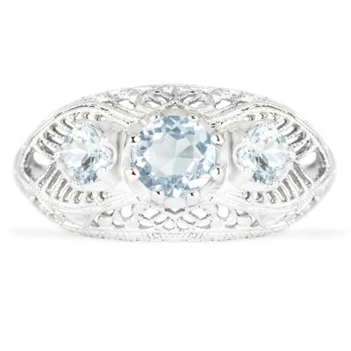 silver eternity rings for women -AQUAMARINE STERLING SILVER VINTAGE STYLE RING 3 STONE ART DECO FILIGREE BLUE