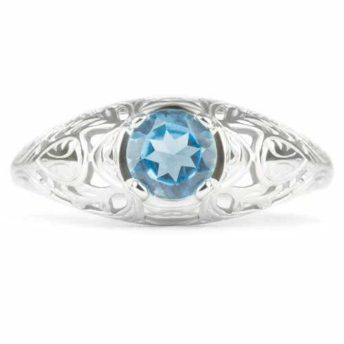 women’s large gemstone rings -SWISS BLUE TOPAZ STERLING SILVER VINTAGE STYLE SOLITAIRE RING FLORAL PROMISE