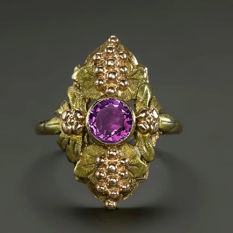 women’s stackable gold rings -VINTAGE AMETHYST 14k TRI TONE GOLD RING GRAPE BUNCH YELLOW ROSE GREEN COCKTAIL