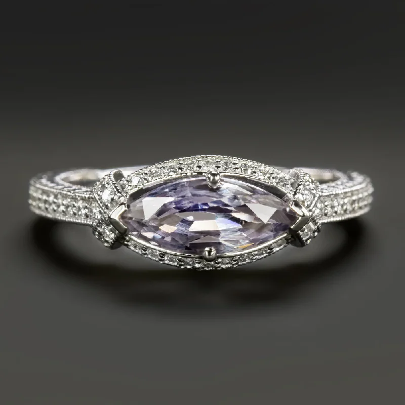 women’s gemstone rings -PURPLE SAPPHIRE DIAMOND VINTAGE STYLE RING MARQUISE SHAPE EAST WEST WHITE GOLD