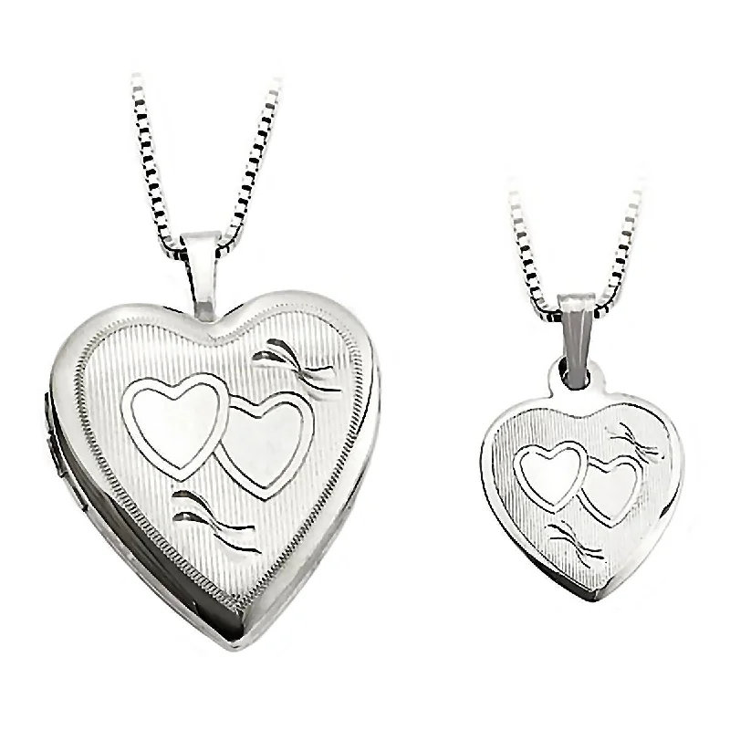 women’s adjustable gold necklaces -Textured Heart Just Like Mommy 925 Silver Locket and Pendant Necklace Set