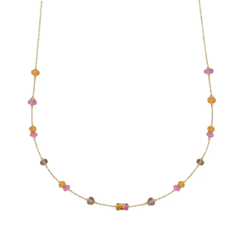 women’s necklaces -Satellite Boho Choker Necklace 18 Gemstones Pink Sapphire, Mandarin Garnet and Smoky Quartz - 18k Gold - Limited Edition