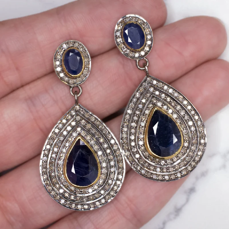 women’s vintage wedding rings -NATURAL DIAMOND SAPPHIRE EARRINGS STATEMENT DROP DANGLE PEAR TEARDROP BLUE BIG