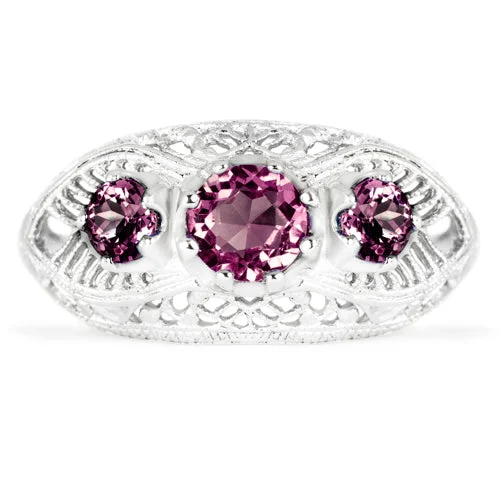 women’s cocktail rings -RHODOLITE GARNET STERLING SILVER VINTAGE STYLE RING 3 STONE ART DECO FILIGREE