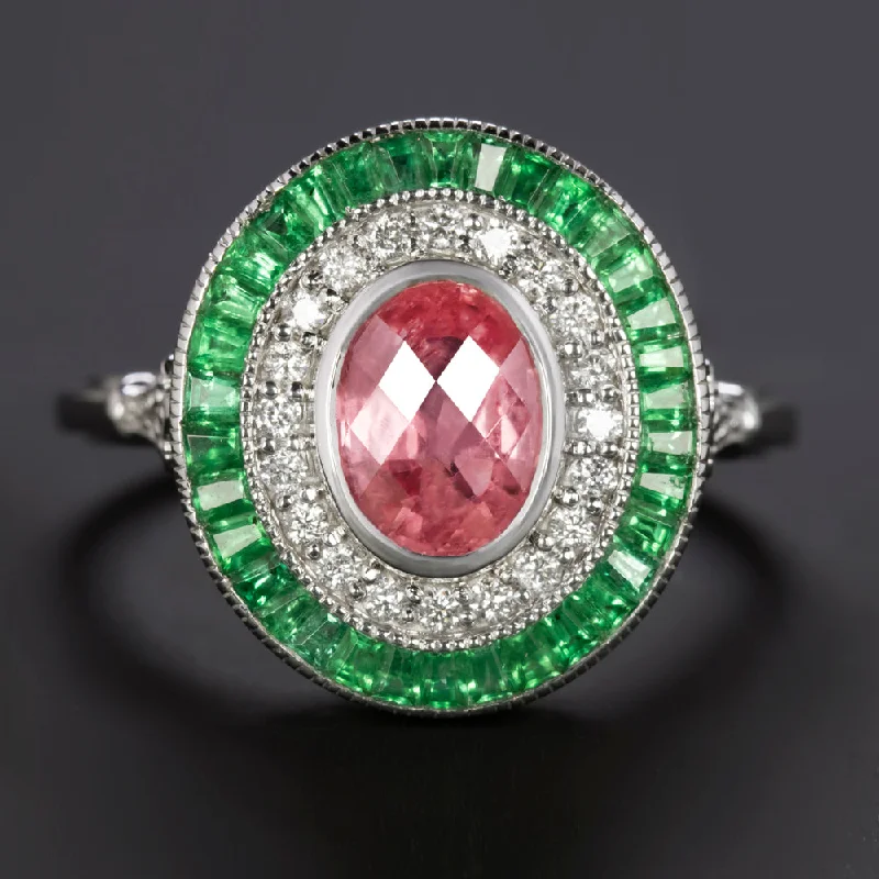 women’s trendy gemstone rings -PINK SAPPHIRE DIAMOND EMERALD COCKTAIL RING DOUBLE HALO NATURAL 14k WHITE GOLD