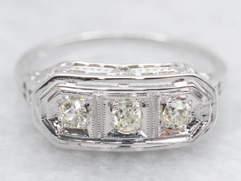 women’s halo engagement rings -Art Deco Three-Stone Old Mine Cut Diamond Ring