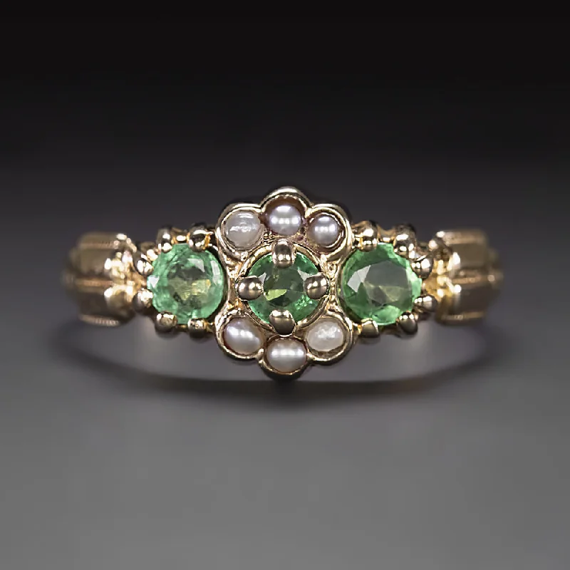 women’s luxurious diamond wedding rings -ANTIQUE EMERALD PEARL COCKTAIL RING ART NOUVEAU 10k YELLOW GOLD NATURAL ESTATE