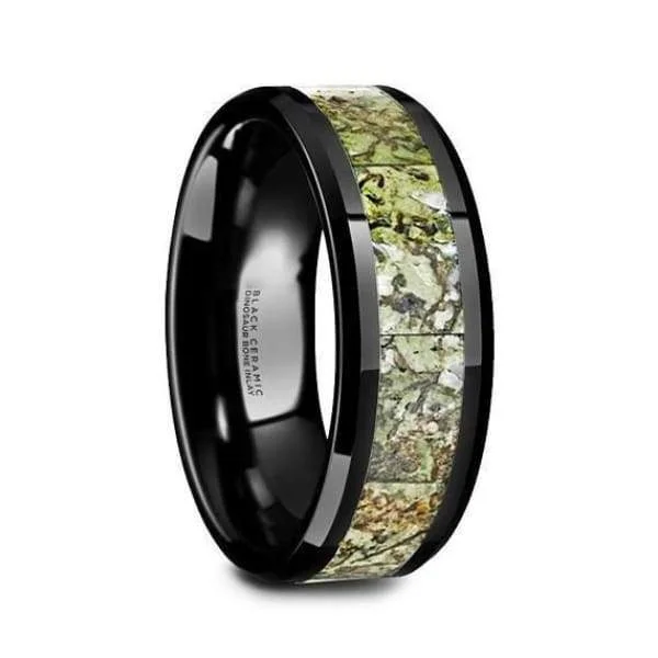 women’s colorful gemstone rings -Black Ceramic Wedding Ring Green Dinosaur Bone Inlay Beveled and Polished Finish - 8mm