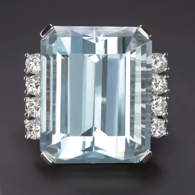 women’s silver rings with gemstones -28 CARAT VINTAGE AQUAMARINE DIAMOND COCKTAIL RING EMERALD CUT 14k WHITE GOLD