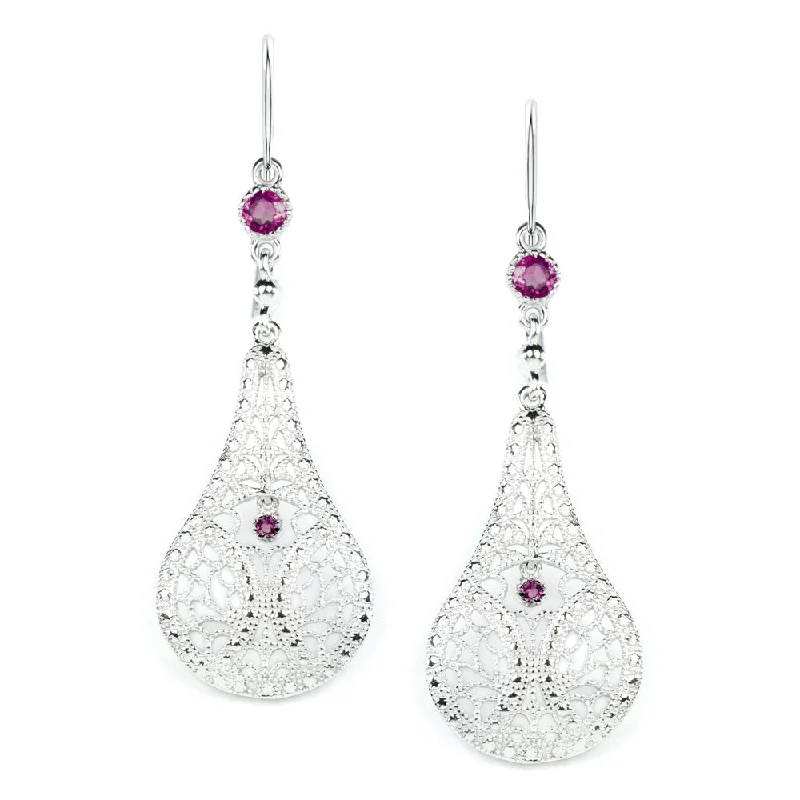 women’s simple rings -RHODOLITE GARNET FILIGREE EARRINGS STERLING SILVER DANGLE TEARDROP VINTAGE STYLE