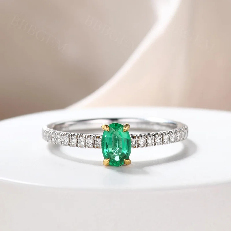 custom rings for women -Cathedral Oval Solitaire Natural Emerald Wedding Ring Diamond Pave Band 18k