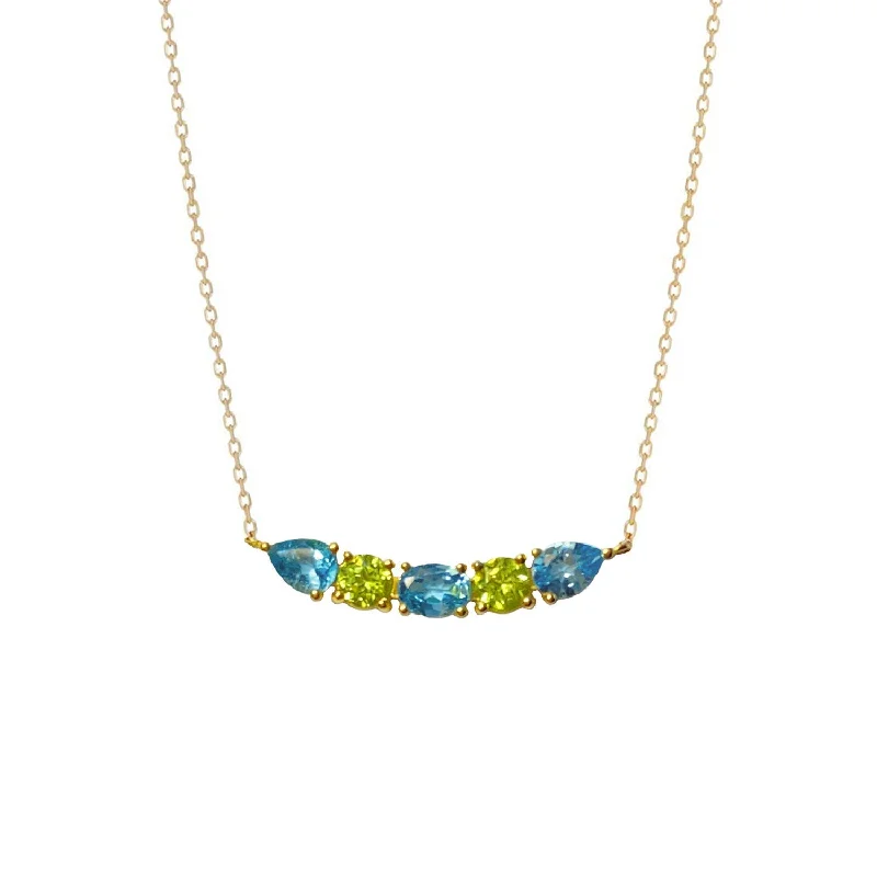 women’s engraved necklaces -Small Curved Bar Necklace Blue Topaz, Peridot - 18k Gold