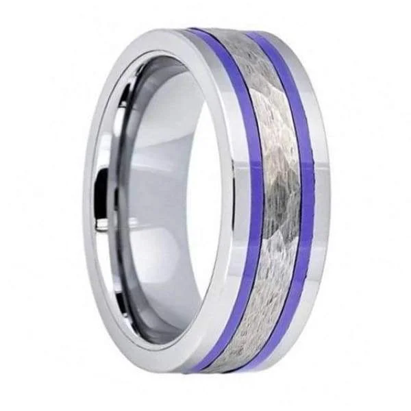 women’s eternity rings -Mens Tungsten Wedding Band Two Indigo Stripes & Shiny Edges Pipe Cut Hammered Center - 8mm