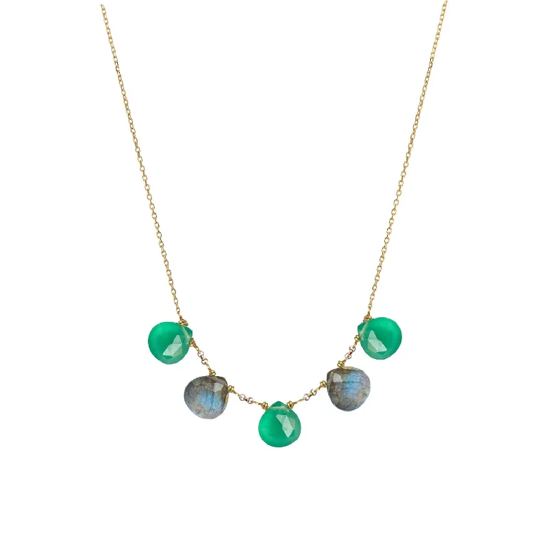 women’s classic pendant necklaces -Multi Drop necklace Labradorite ,Green Agate - 18k Gold