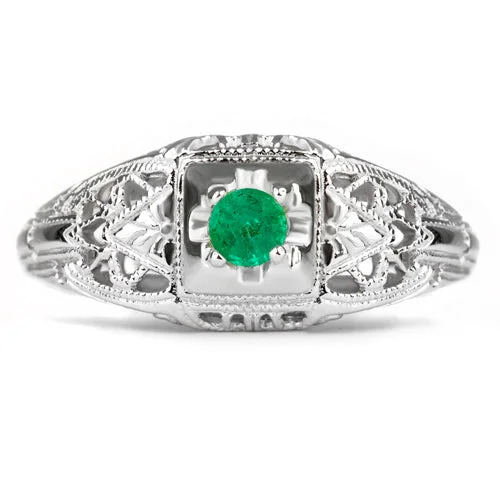 women’s designer rings -EMERALD STERLING SILVER VINTAGE STYLE COCKTAIL RING FILIGREE PROMISE NATURAL