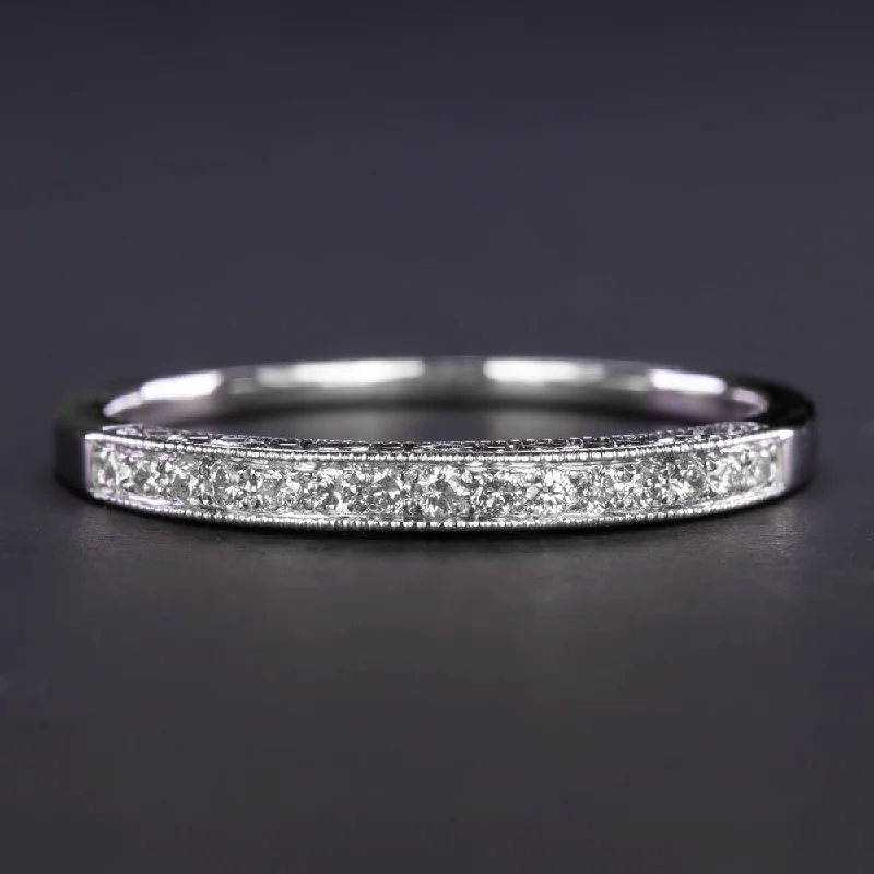 custom rings for women -DIAMOND VINTAGE STYLE WEDDING BAND 14k WHITE GOLD STACKING RING ENGRAVED CLASSIC