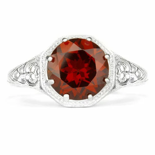 women’s infinity rings -RED GARNET STERLING SILVER VINTAGE STYLE SOLITAIRE RING ART DECO FILIGREE GEM