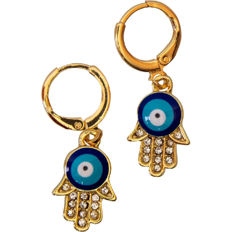 women’s casual earrings -Copper Evil Eye Protection Earrings - Fatima Hand with Gems - Gold