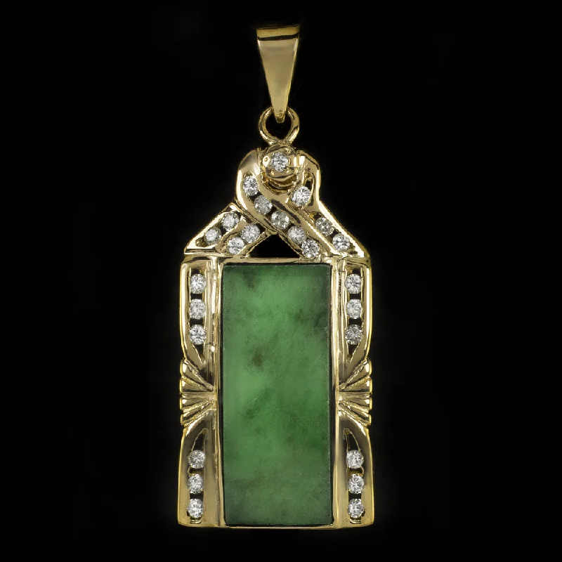 women’s classic gold rings -JADE DIAMOND PENDANT 18k YELLOW GOLD NATURAL ESTATE RECTANGLE CABOCHON NECKLACE