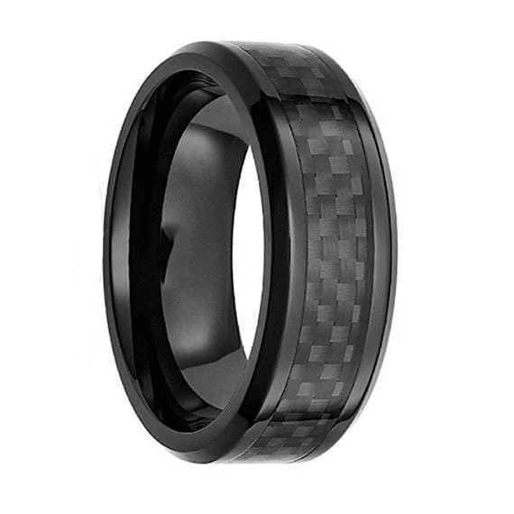 women’s emerald rings -Mens Black Tungsten Wedding Ring w/ Black Carbon Fiber Inlay Beveled Edges - 8mm