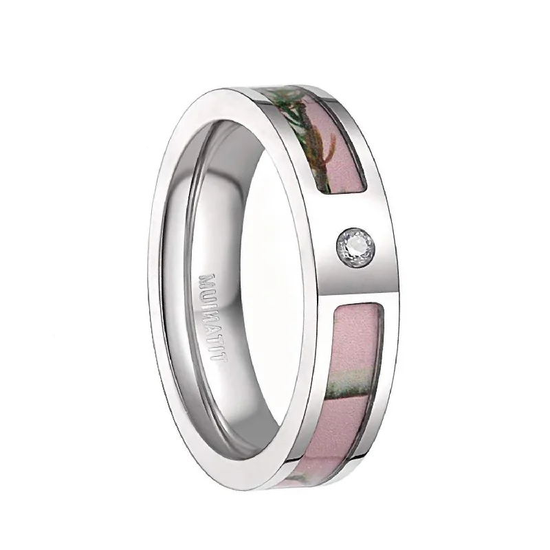 women’s antique engagement rings -Womens Pink Camo Wedding Rings Titanium Rings with Cubic Zirconia