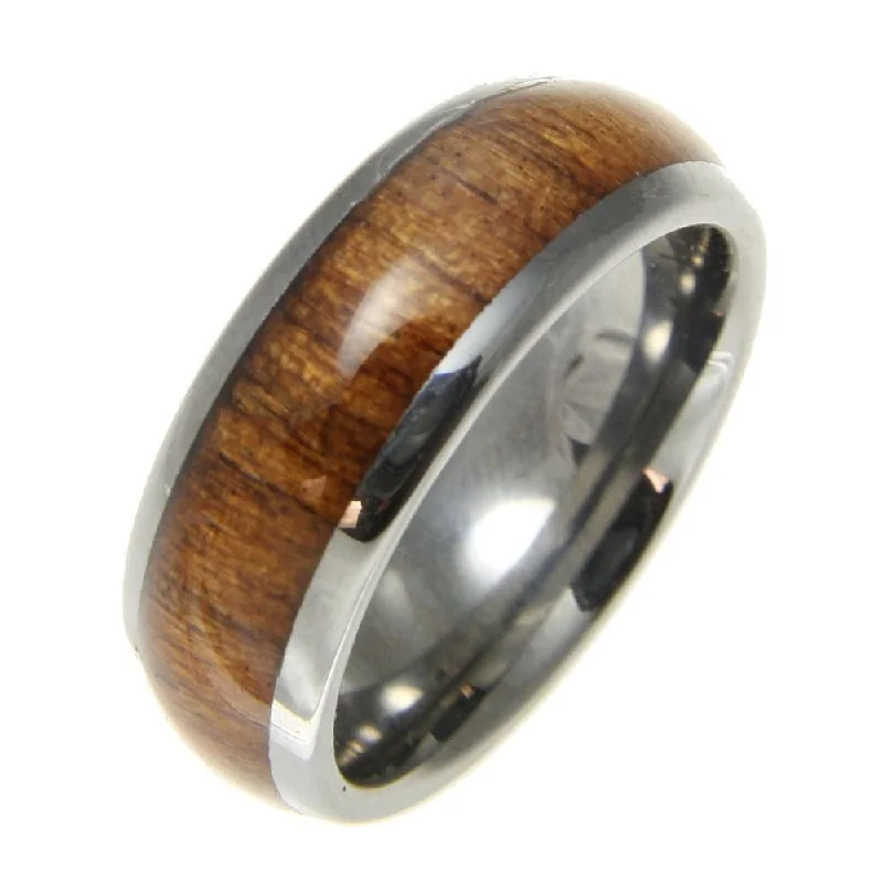 women’s luxurious diamond wedding rings -Mens Tungsten Band Genuine Inlay Hawaiian Koa Wood Comfort Fit Dome Style Ring - 8mm