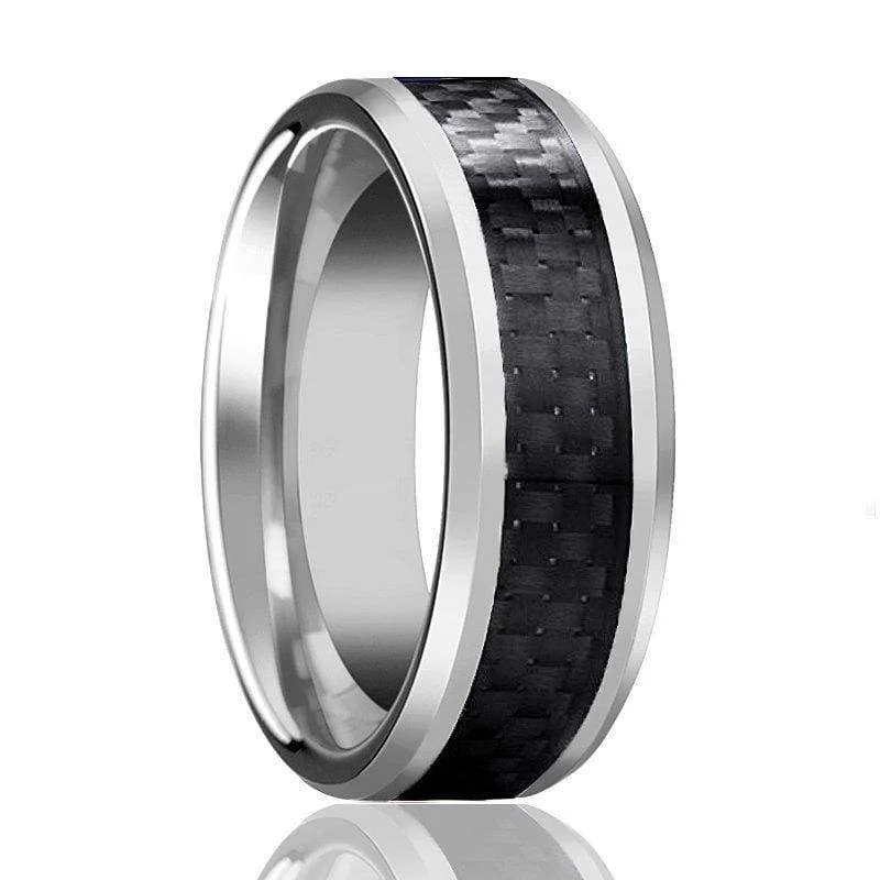 women’s engagement rings -Mens Carbide Tungsten Wedding Ring High Polish with Black Carbon Fiber Inlay - 6mm & 8mm