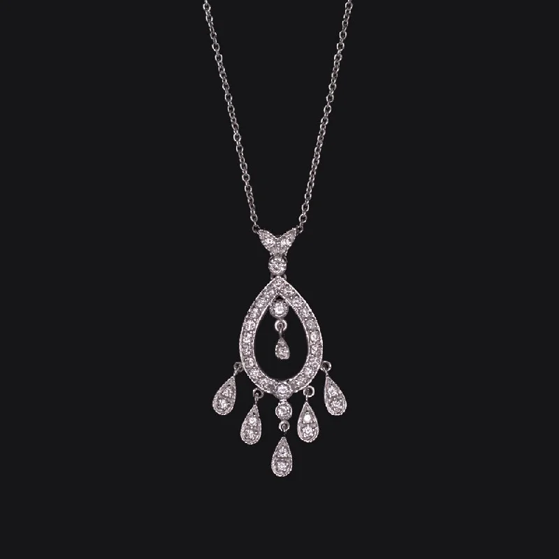 luxury solitaire rings for women -DIAMOND CHANDELIER NECKLACE 14k WHITE GOLD DROP DANGLE NATURAL TEARDROP SHAPE