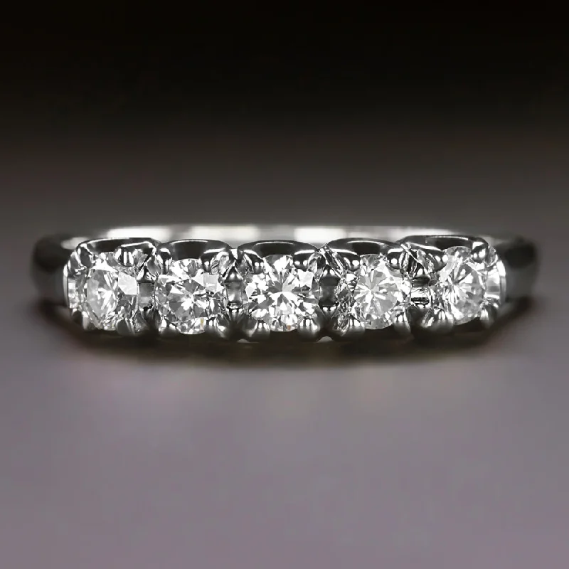 custom rings for women -VINTAGE DIAMOND WEDDING RING PALLADIUM STACKING BAND 0.45ct 5 STONE ROUND CUT