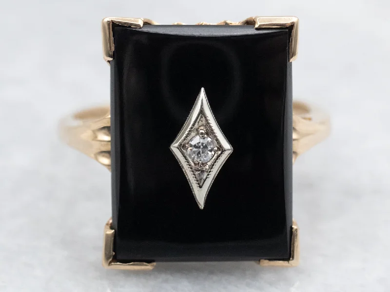 women’s custom-designed engagement rings -Mid-Century Black Onyx and Diamond Ring