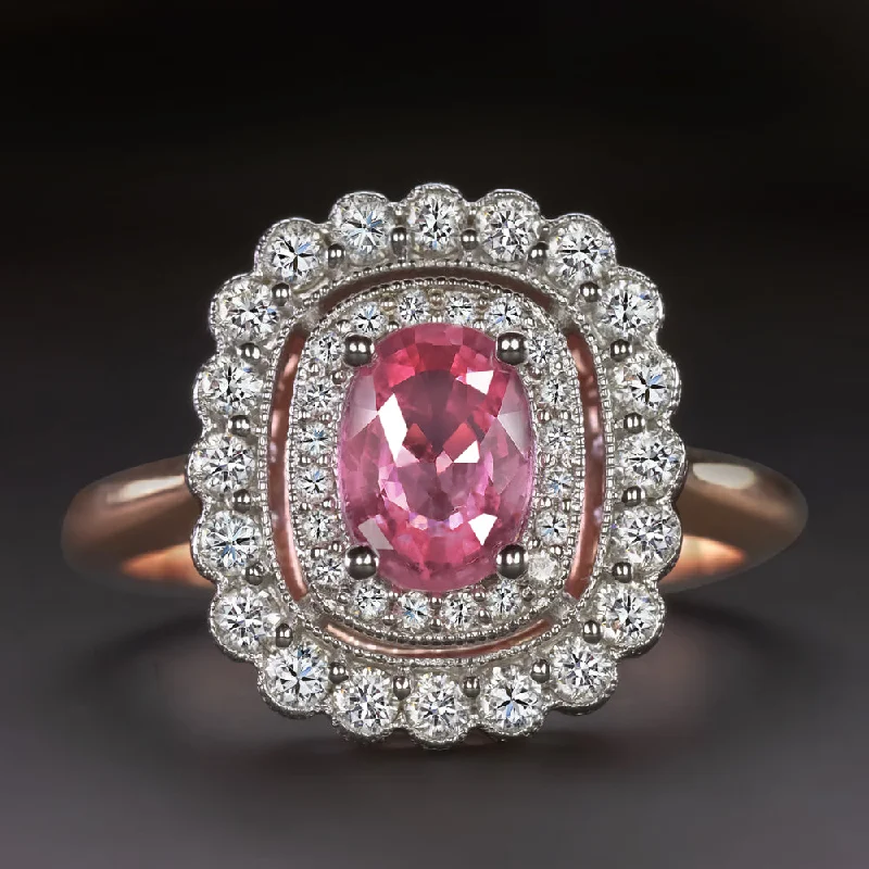 diamond rings for women -NO HEAT PINK SAPPHIRE DIAMOND COCKTAIL RING HALO VINTAGE STYLE ROSE WHITE GOLD