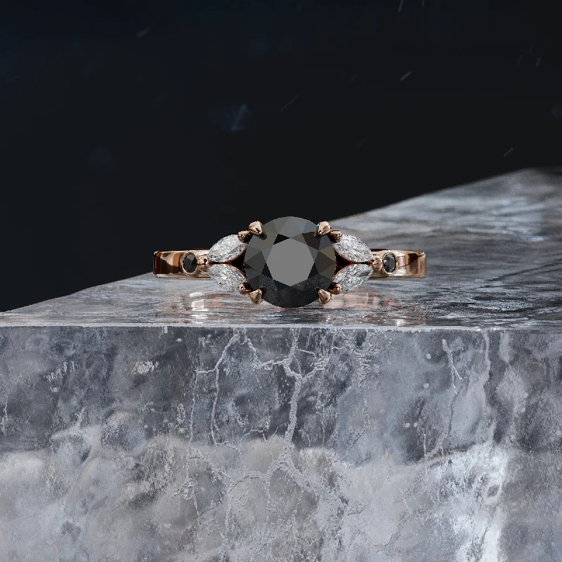 women’s halo engagement rings -Corona Australis Floral  Natural Black & White Marquise Diamond Ring