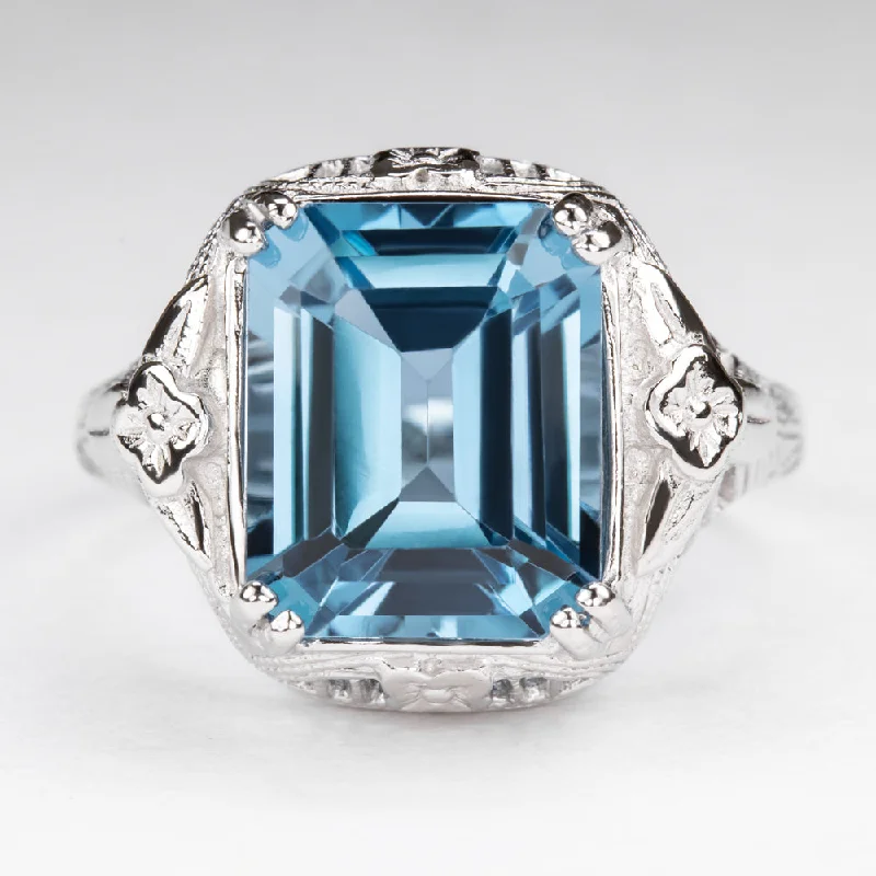 women’s simple wedding rings -LONDON BLUE TOPAZ STERLING SILVER VINTAGE STYLE RING DECO EMERALD CUT FILIGREE