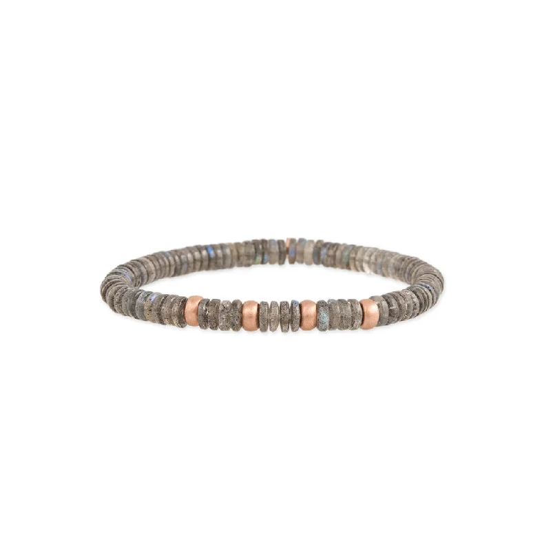 classic bangles for women -4 SPACED OUT GOLD BEADS + LABRADORITE BEADED STRETCH BRACELET