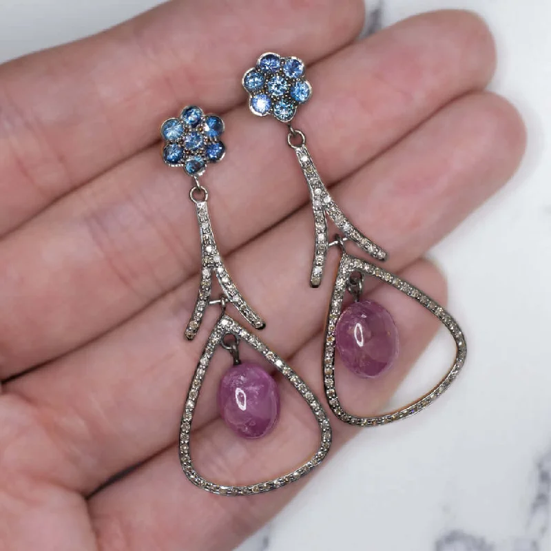 luxury rings for women -12ct NATURAL DIAMOND RUBY SAPPHIRE DANGLE EARRINGS BOHO STATEMENT DROP BLUE RED