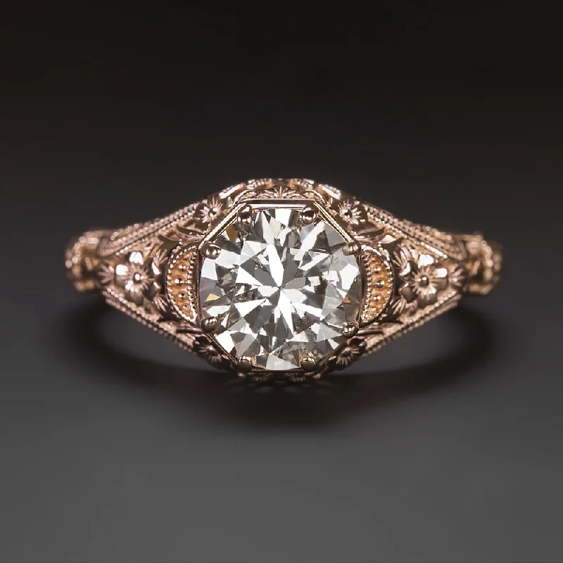 women’s diamond stackable rings -VINTAGE STYLE DIAMOND SOLITAIRE RING 1.10ct ROSE GOLD FILIGREE FLORAL ENGAGEMENT