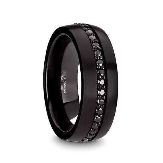 women’s custom engraved rings -KINGSTON Men's Domed Multiple Black Sapphires Tungsten Wedding Band- 8mm