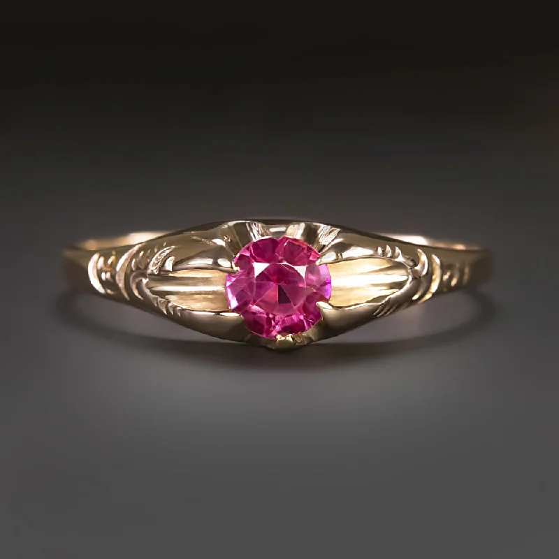 women’s wedding bands -VINTAGE RUBY SOLITAIRE RING 10k YELLOW GOLD PINK RED BUTTERCUP COCKTAIL ROUND