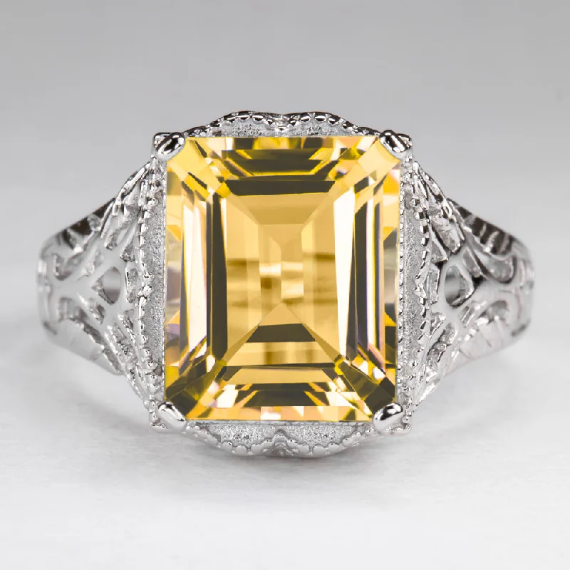 women’s gold gemstone rings -CITRINE STERLING SILVER VINTAGE STYLE RING ART DECO EMERALD CUT SOLITAIRE YELLOW