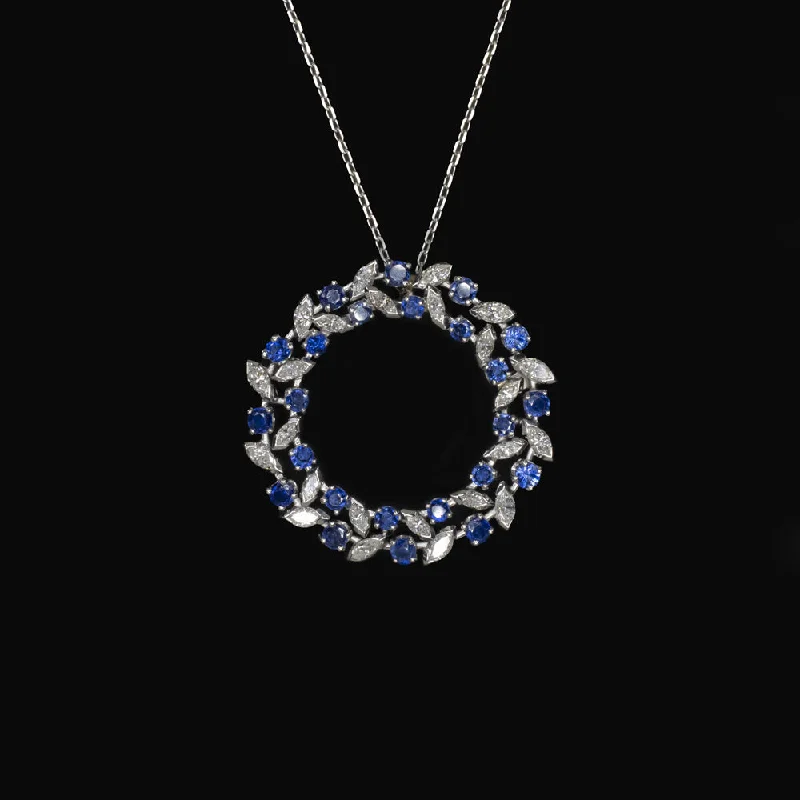 women’s birthstone gemstone rings -VINTAGE DIAMOND SAPPHIRE WREATH PENDANT NECKLACE PLATINUM MID CENTURY 3.10ct