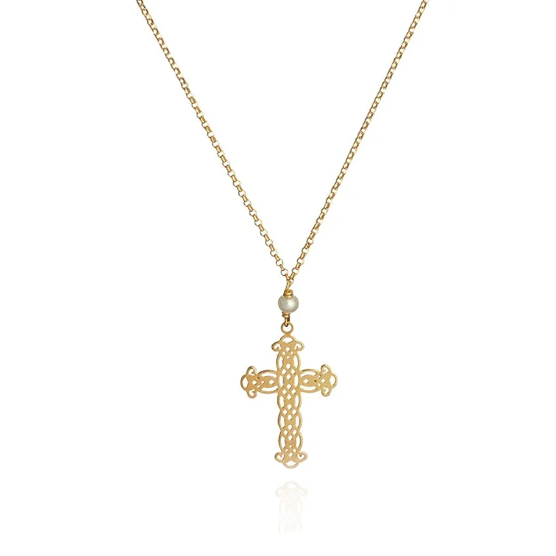 women’s charm necklaces -Lace Cross Pendant Freshwater Pearl - 18k Gold