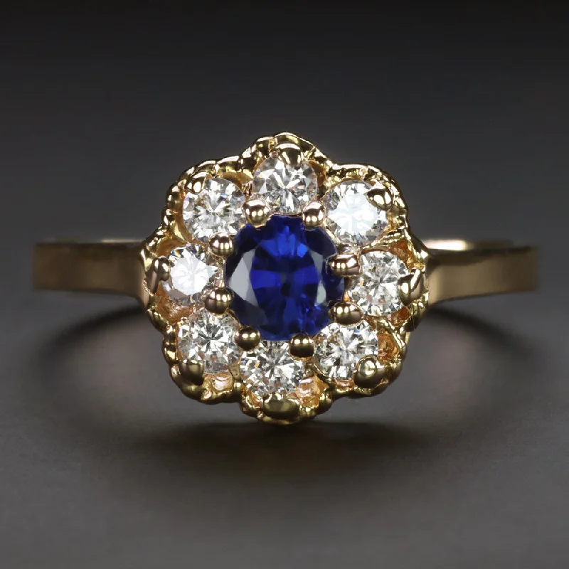 women’s adjustable rings -SAPPHIRE DIAMOND HALO RING 14k YELLOW GOLD NATURAL ROUND CUT COCKTAIL BLUE .78ct