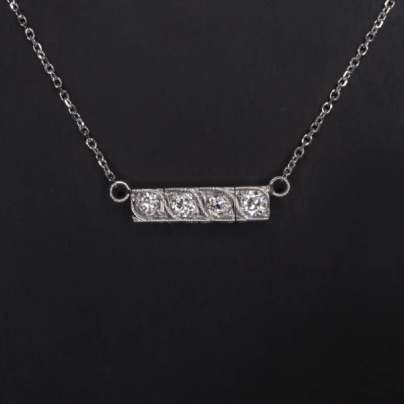 women’s designer rings -VINTAGE DIAMOND BAR PENDANT NECKLACE OLD EUROPEAN CUT NATURAL 14k WHITE GOLD