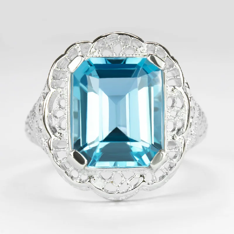 wedding rings for women -SWISS BLUE TOPAZ STERLING SILVER RING VINTAGE STYLE DECO FILIGREE EMERALD CUT